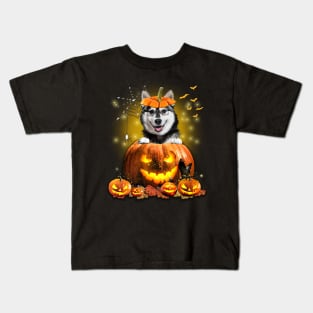 Husky Spooky Halloween Pumpkin Dog Head Kids T-Shirt